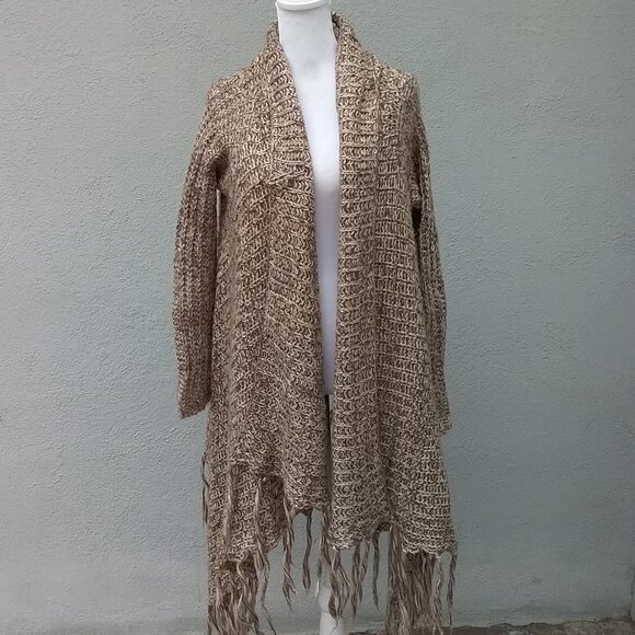 Akualan Sweater Cardigan Women's Size Small Brown Open Boho Fringe Boho Preppy - Picture 2 of 7